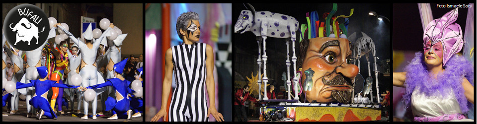 Rione Bufali - sfilata allegorica con costumi bianchi, mimo, carri giganti e performer