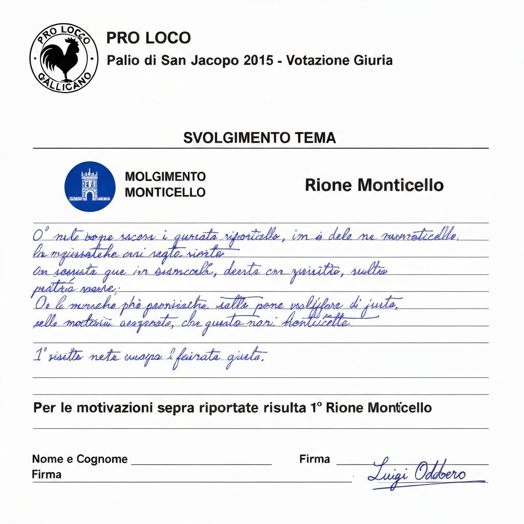 Palio di San Jacopo 2015 – Votazione Giuria: scheda Svolgimento Tema, Rione Monticello 1° classificato, firmata Luigi Oddoero